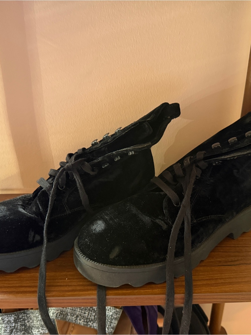 AEROSOLES Black Velvet Lace-Up Platform Boots